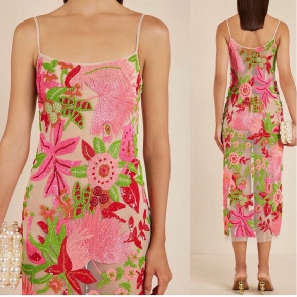 cult gaia Dresses & Skirts - Cult Gaia Kennedy Floral Pink and Green Beaded Dress